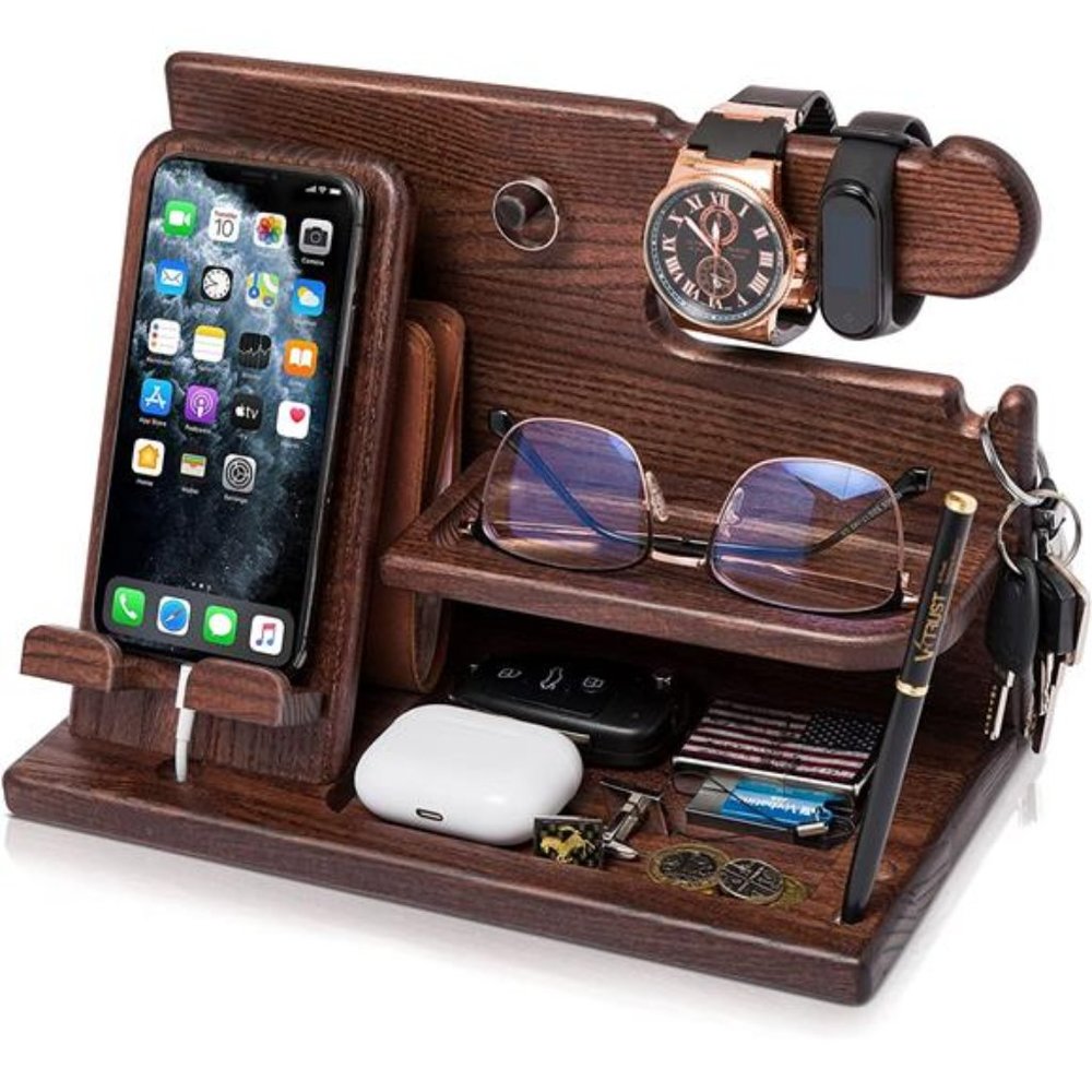 Wood Phone Docking Station Ash Key Holder Wallet Stand Watch Organizer